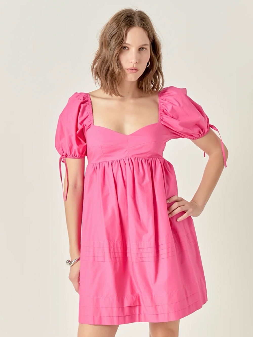 English Factory Pink Pleated Detail Puff Sleeve Mini Dress: Medium